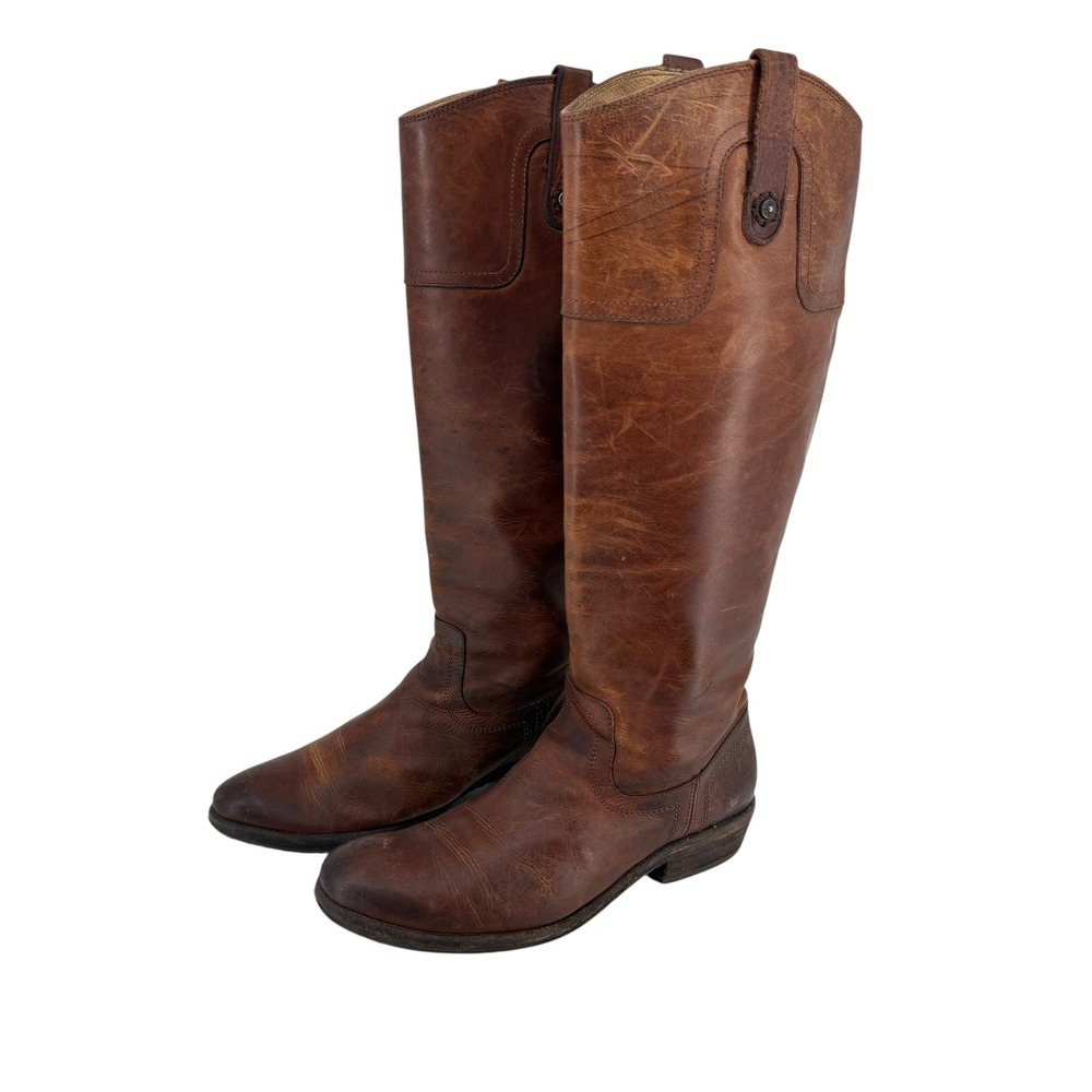 Frye Carson Tall Riding Knee High Boots Women 8B Cognac Brown Leather Pull On